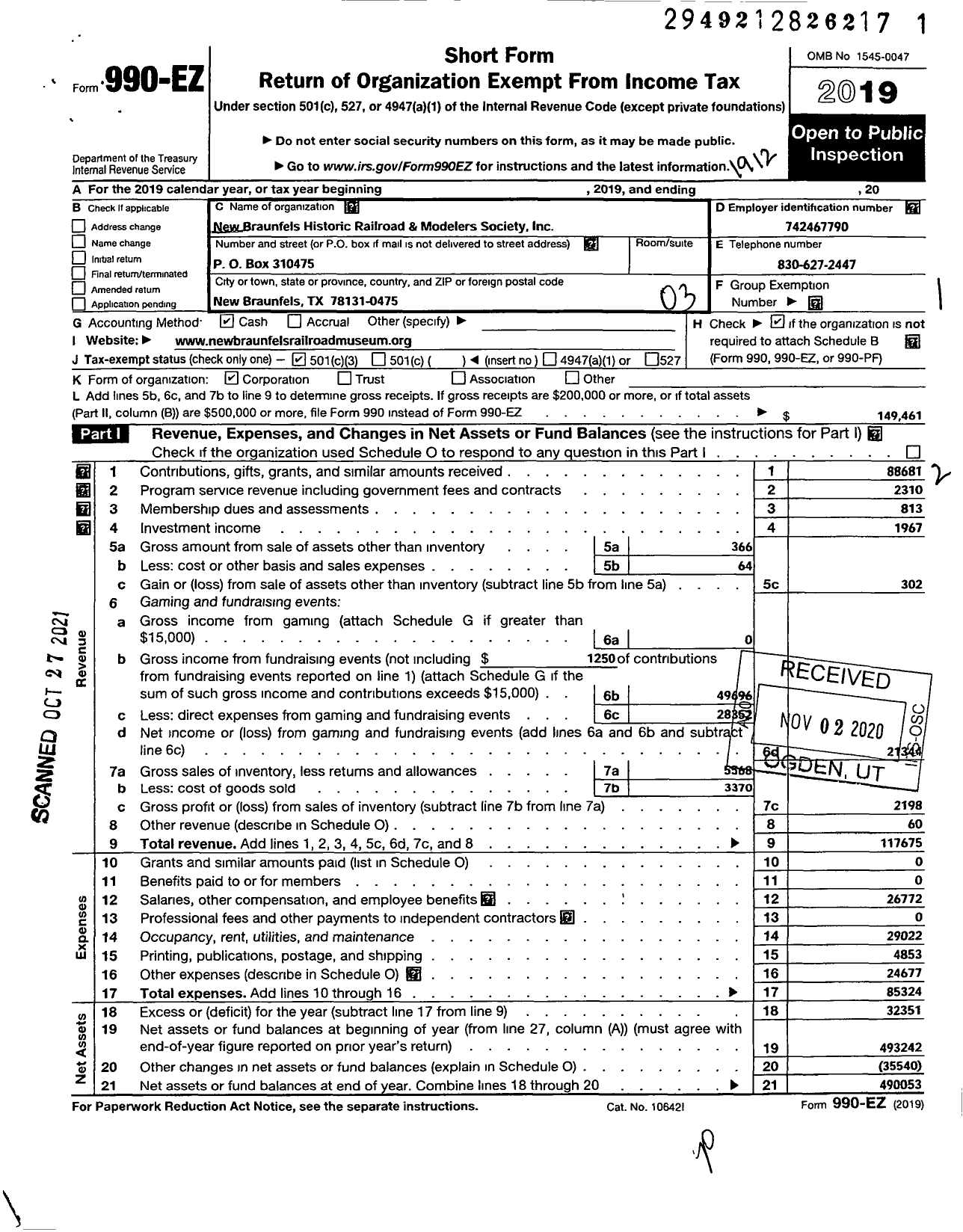 Image of first page of 2019 Form 990EZ for New Braunfels Historic Railroad and Modelers Society