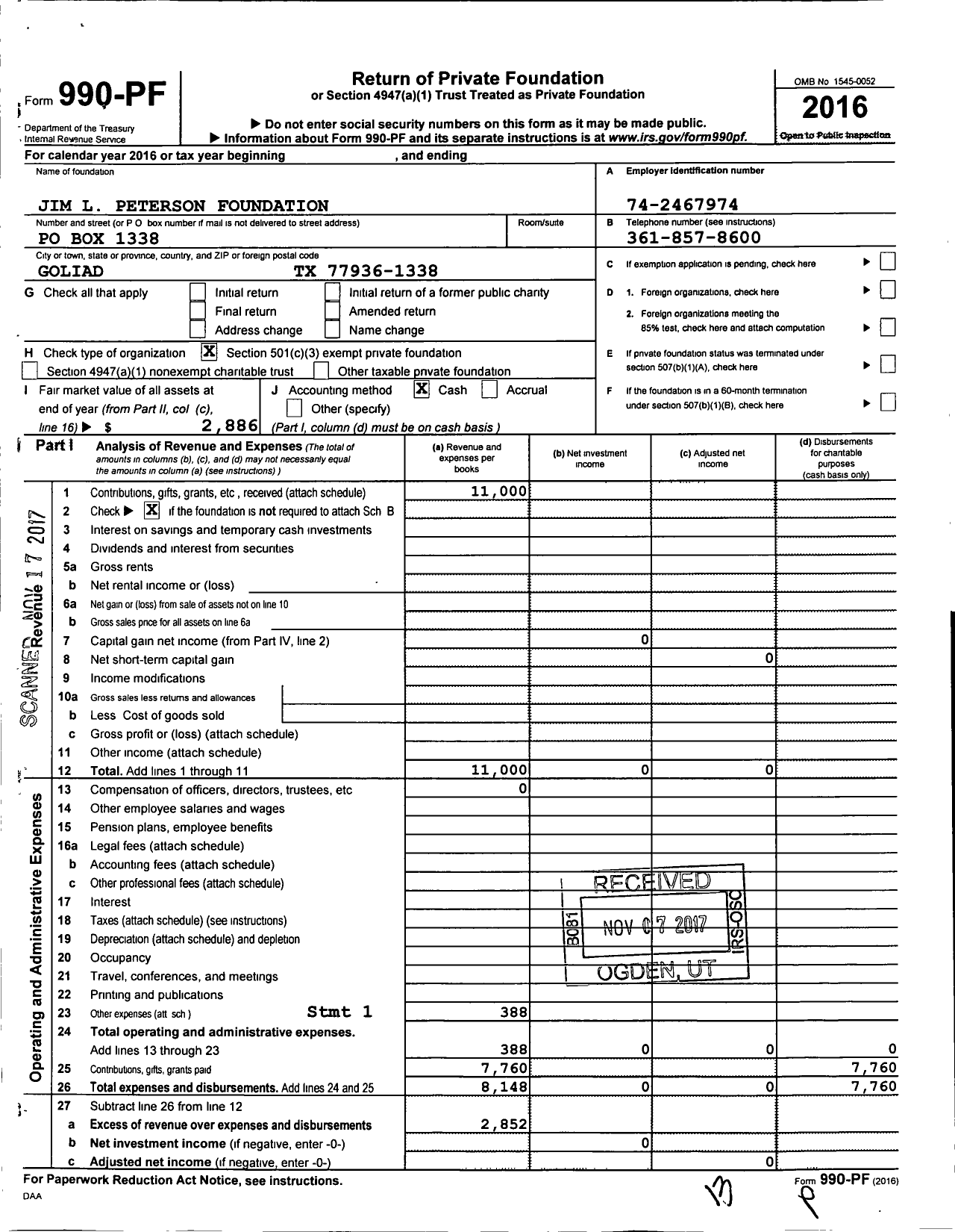 Image of first page of 2016 Form 990PF for Jim L Peterson Foundation