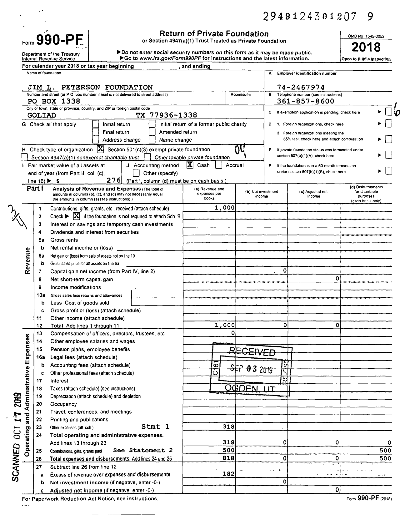 Image of first page of 2018 Form 990PF for Jim L Peterson Foundation