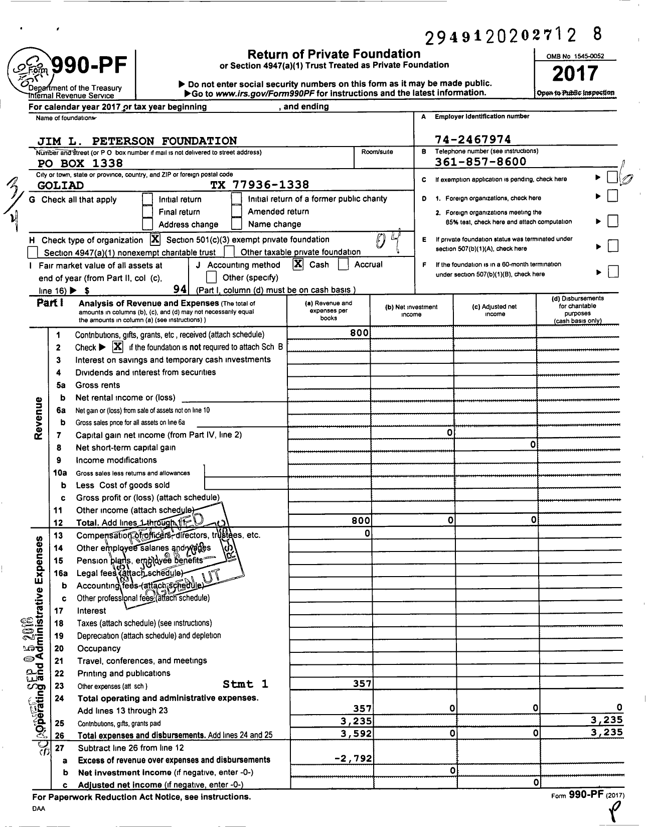 Image of first page of 2017 Form 990PF for Jim L Peterson Foundation