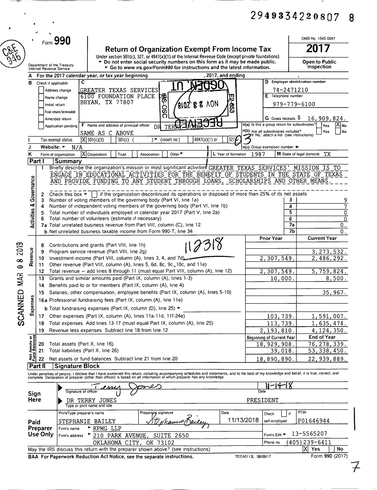 Image of first page of 2017 Form 990 for Greater Texas Services