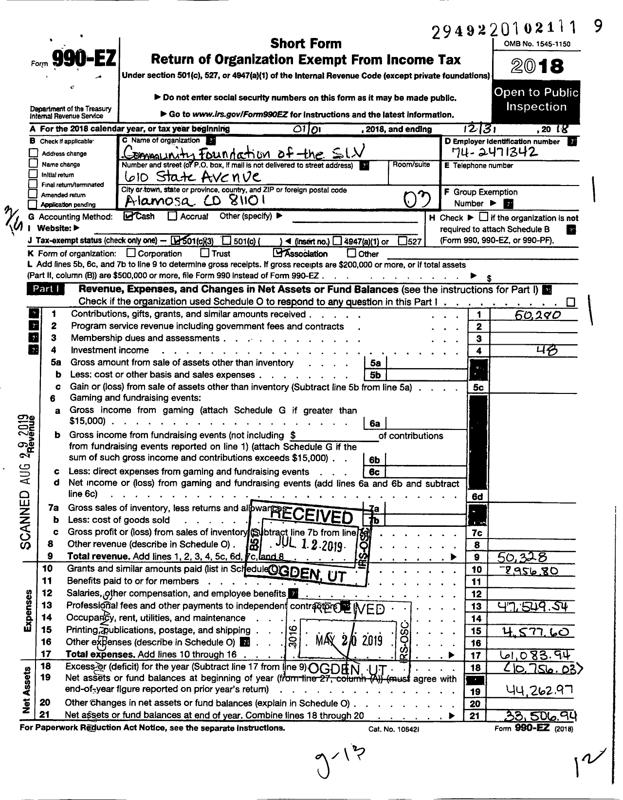 Image of first page of 2018 Form 990EZ for Community Foundation of San Luis Valley