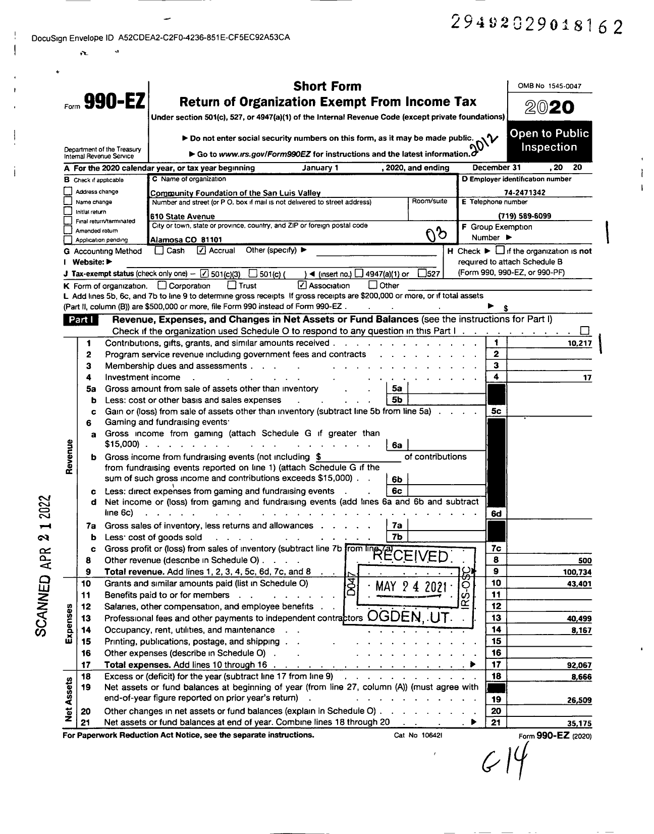 Image of first page of 2020 Form 990EZ for Community Foundation of San Luis Valley