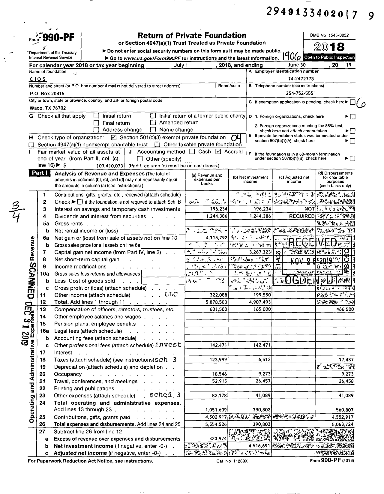 Image of first page of 2018 Form 990PF for C I O S