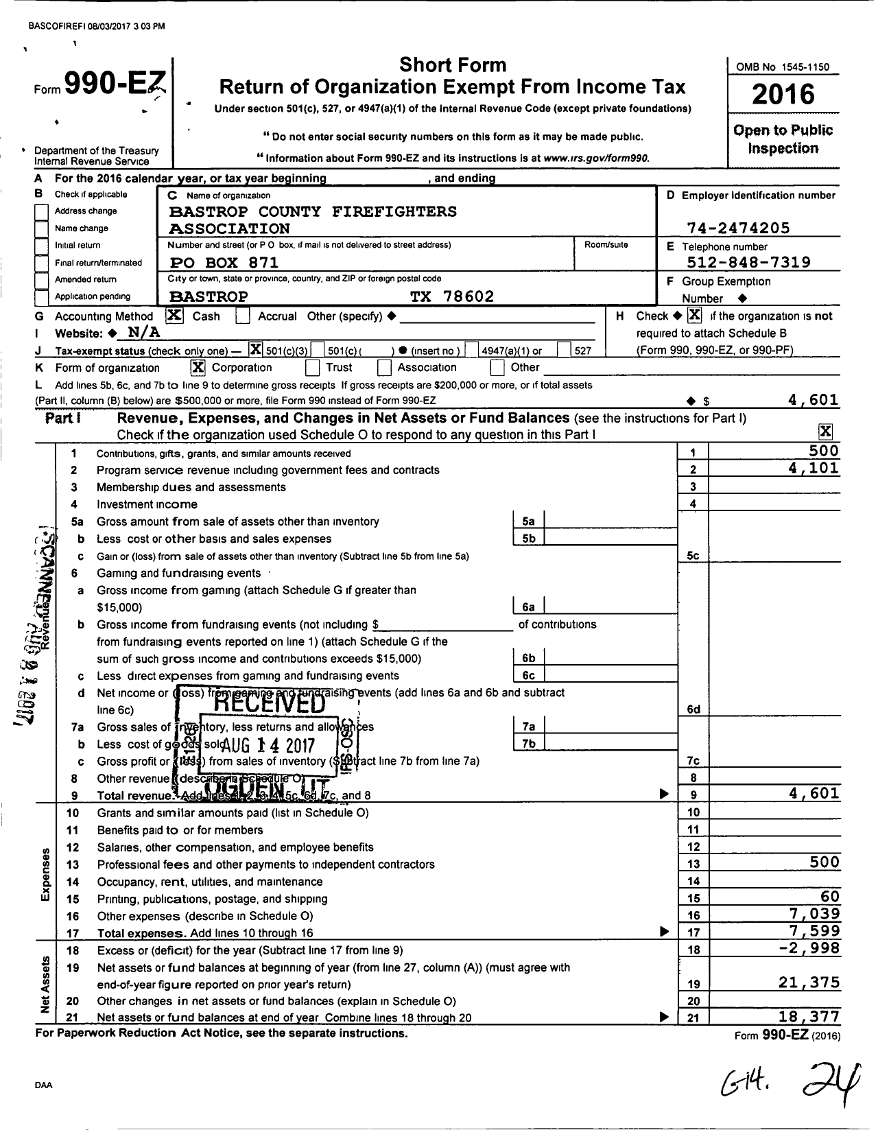 Image of first page of 2016 Form 990EZ for Bastrop County Firefighters Association