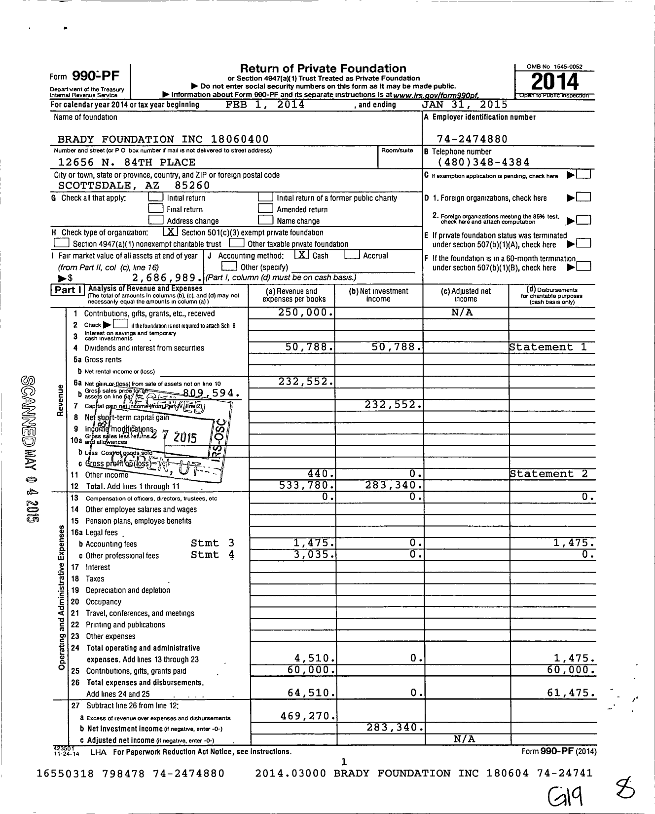 Image of first page of 2014 Form 990PF for Brady Foundation / 2329 18060400