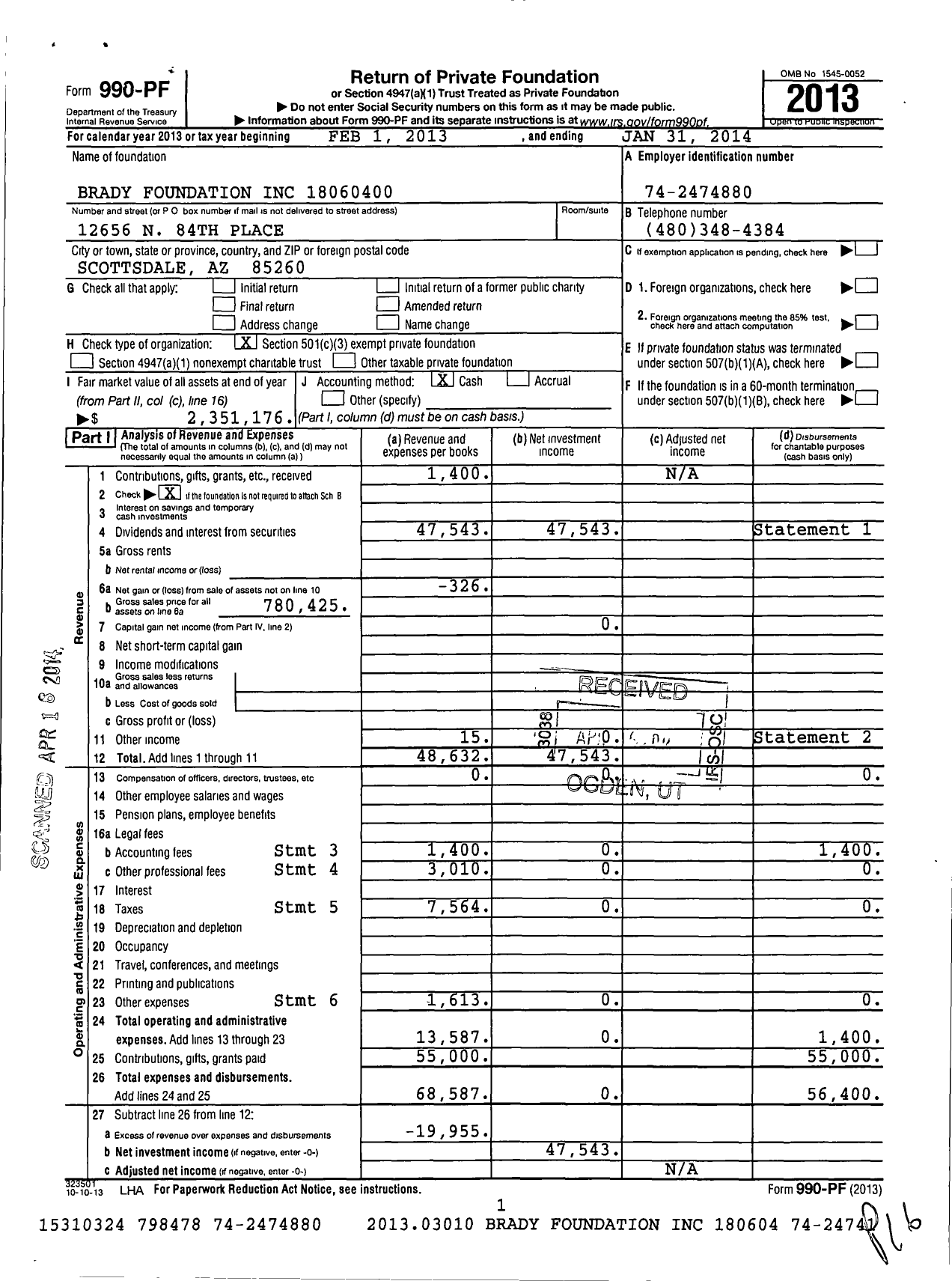 Image of first page of 2013 Form 990PF for Brady Foundation / 2329 18060400