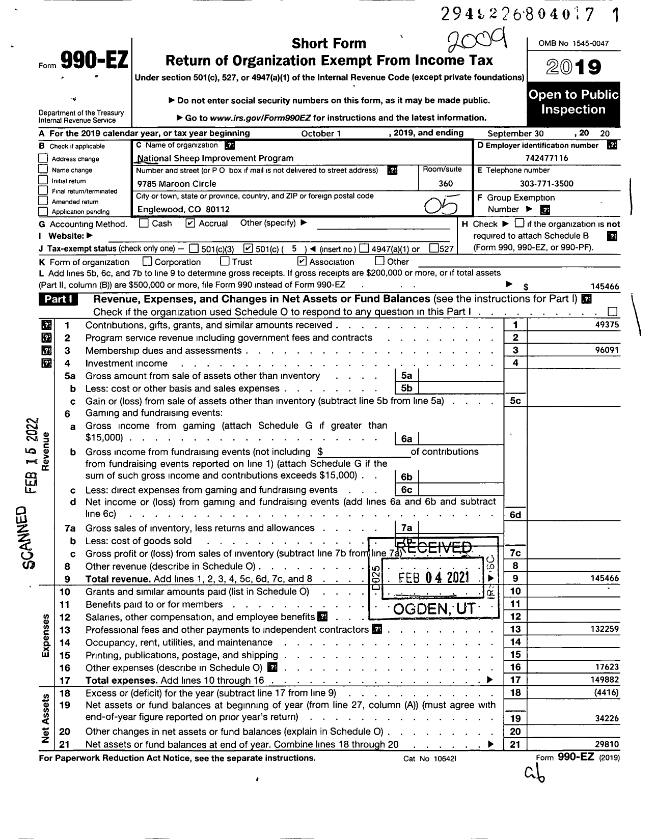Image of first page of 2019 Form 990EO for National Sheep Improvement Program