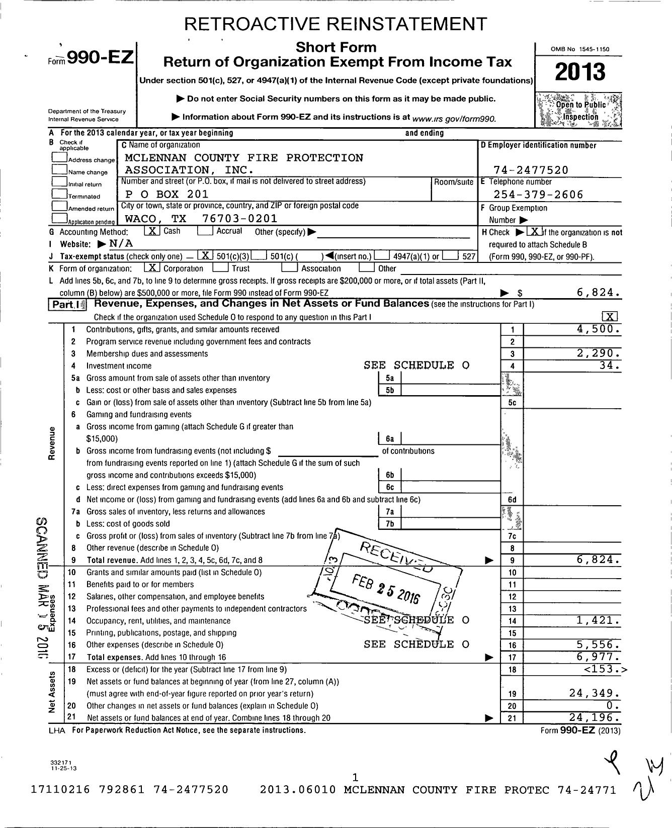 Image of first page of 2013 Form 990EZ for Mclennan County Fire Protection Association