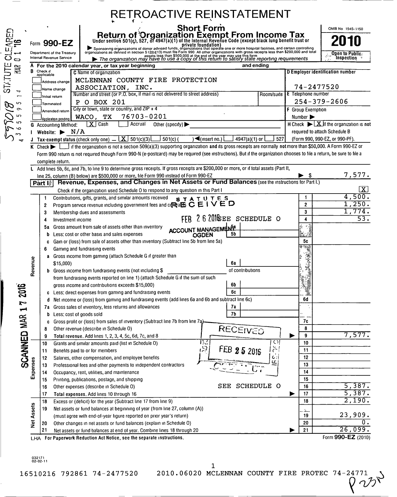 Image of first page of 2010 Form 990EZ for Mclennan County Fire Protection Association