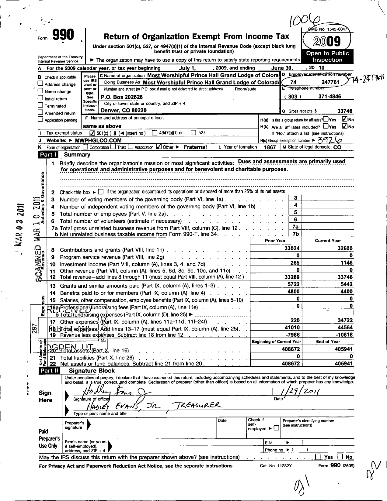 Image of first page of 2009 Form 990O for Most Worshipful Prince Hall Grand Lodge of Free and Accepted Masons / Colorado & Jurisdiction