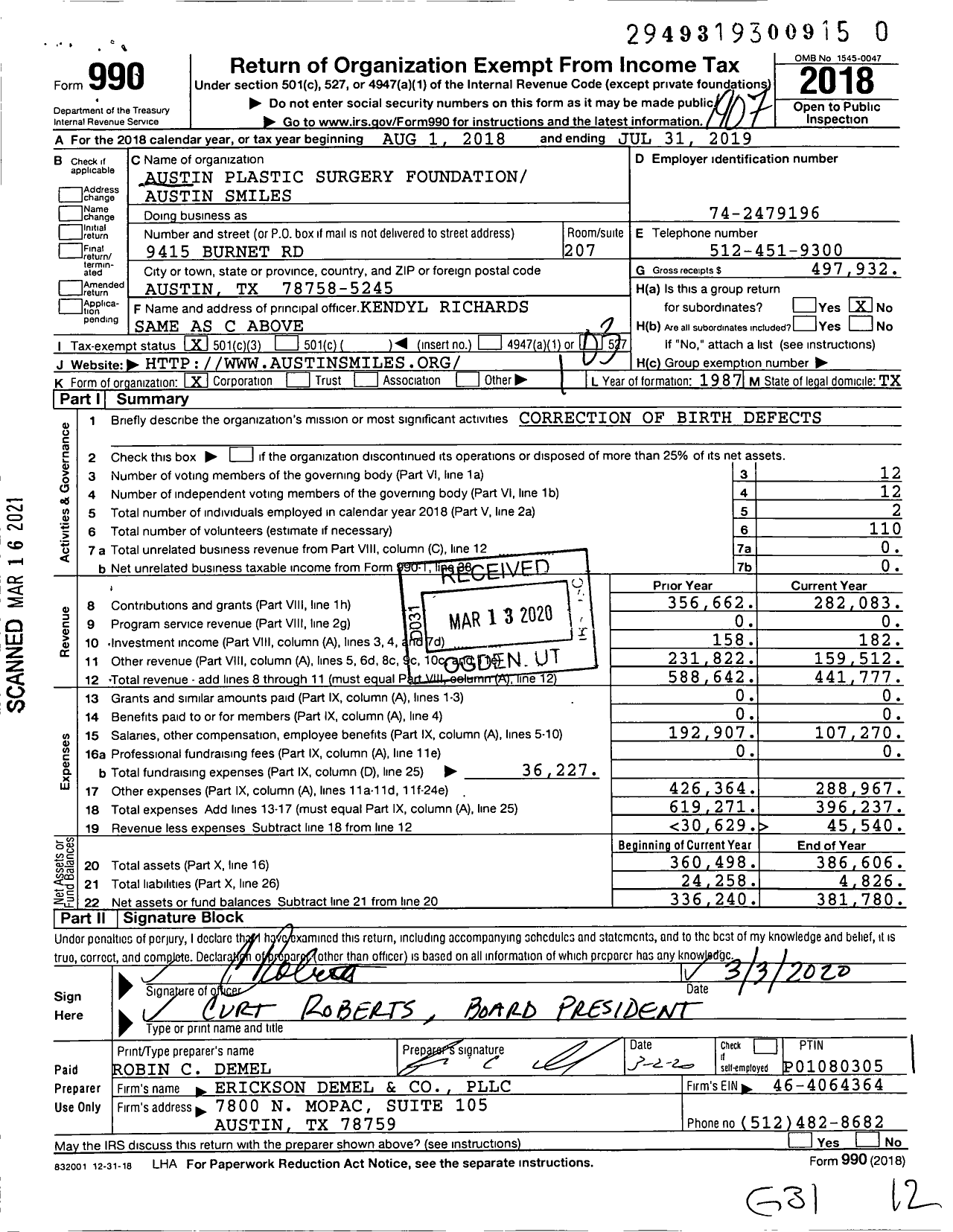 Image of first page of 2018 Form 990 for Austin Plastic Surgery Foundationaustin Smiles