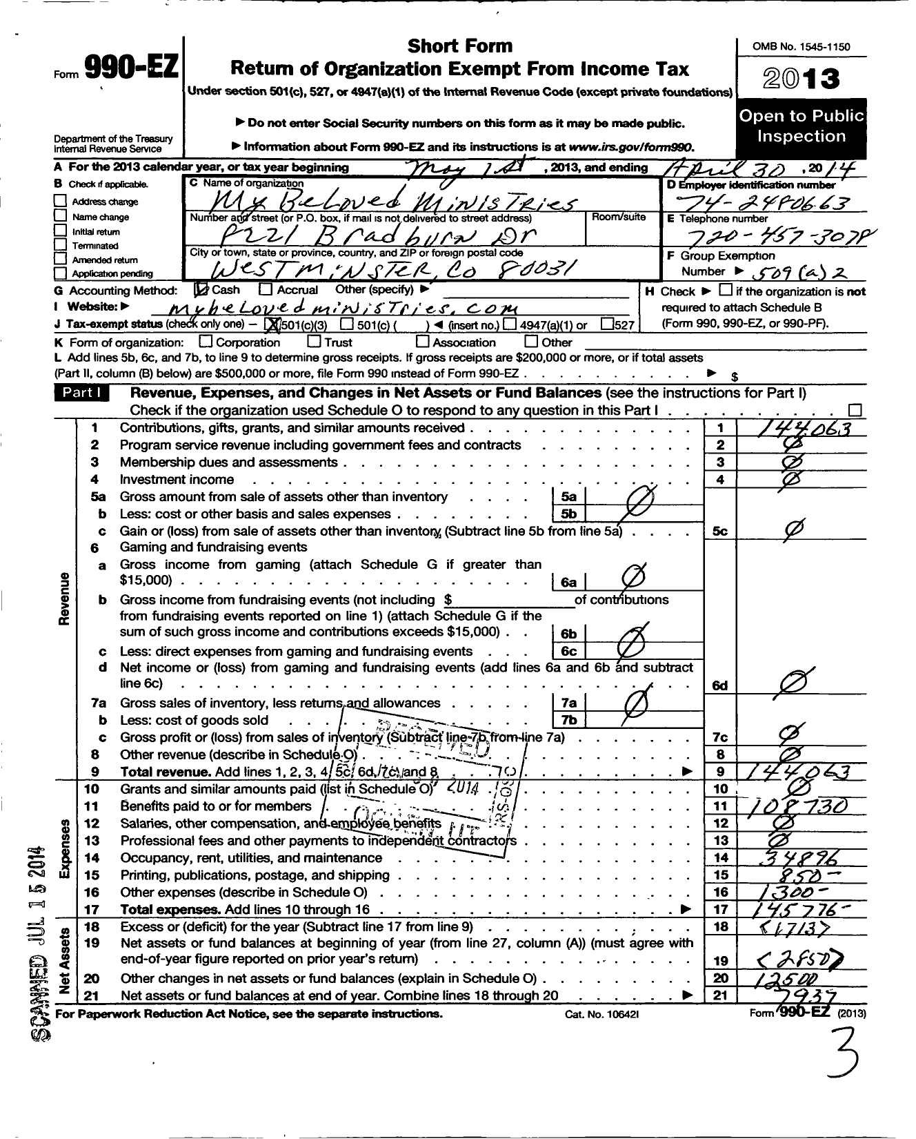 Image of first page of 2013 Form 990EZ for My Beloved Ministries