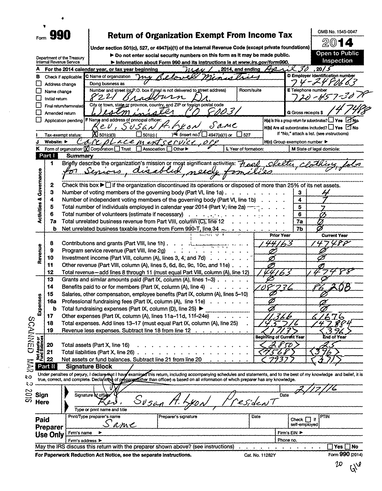 Image of first page of 2014 Form 990 for My Beloved Ministries