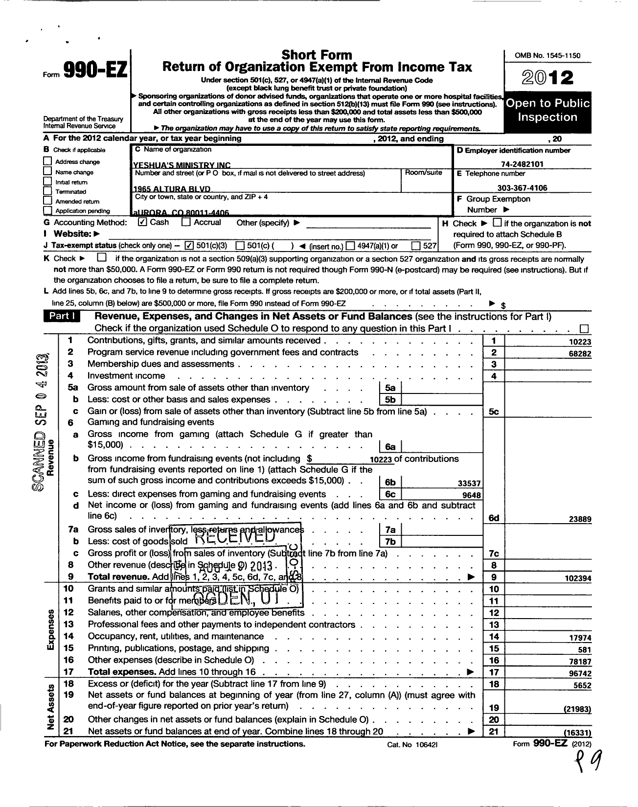 Image of first page of 2012 Form 990EZ for Yeshua's Minstry