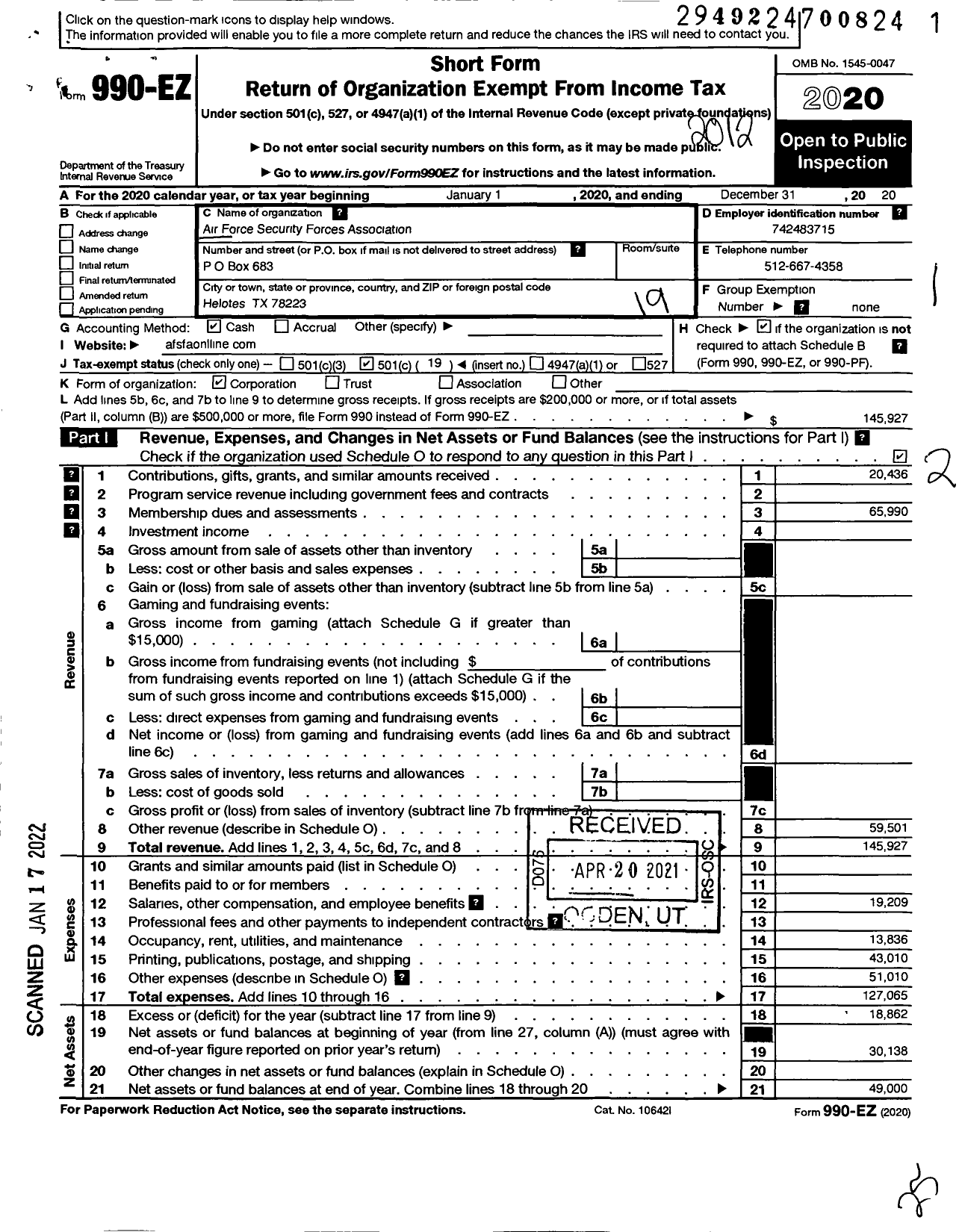 Image of first page of 2020 Form 990EO for Air Force Security Forces Association