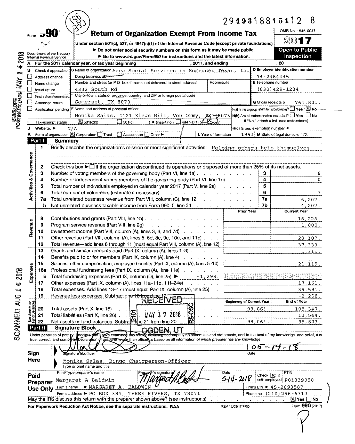 Image of first page of 2017 Form 990 for Area Social Services in Somerset Texas