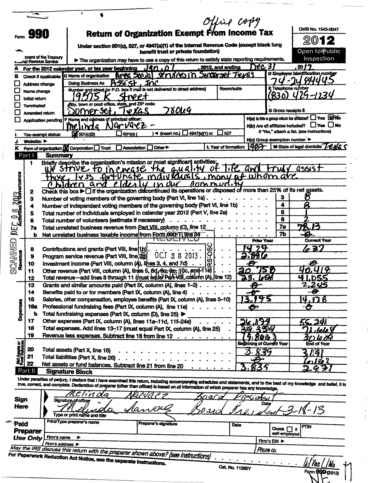 Image of first page of 2012 Form 990 for Area Social Services in Somerset Texas