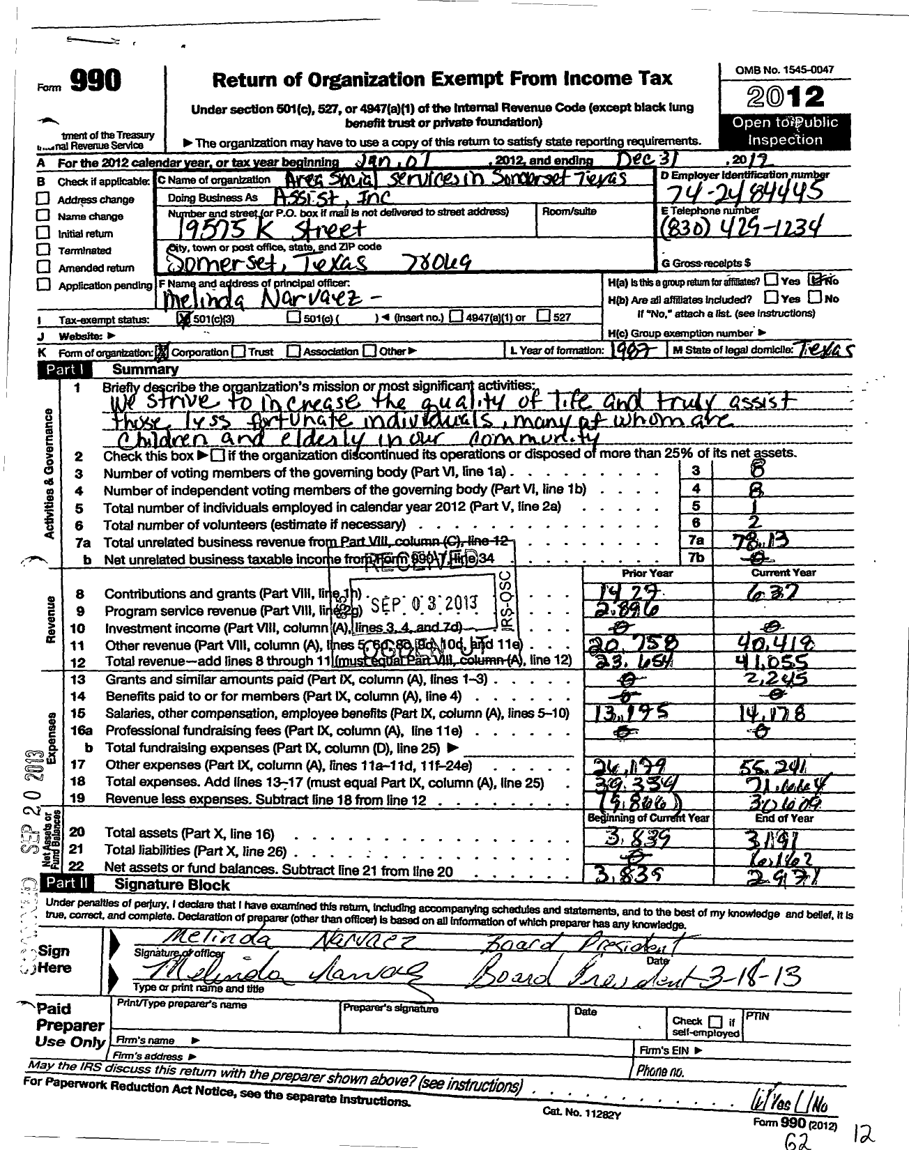 Image of first page of 2012 Form 990 for Area Social Services in Somerset Texas