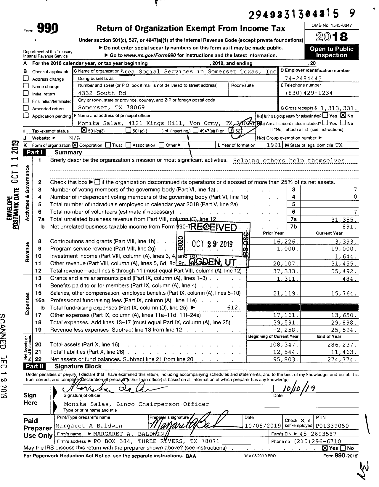 Image of first page of 2018 Form 990 for Area Social Services in Somerset Texas