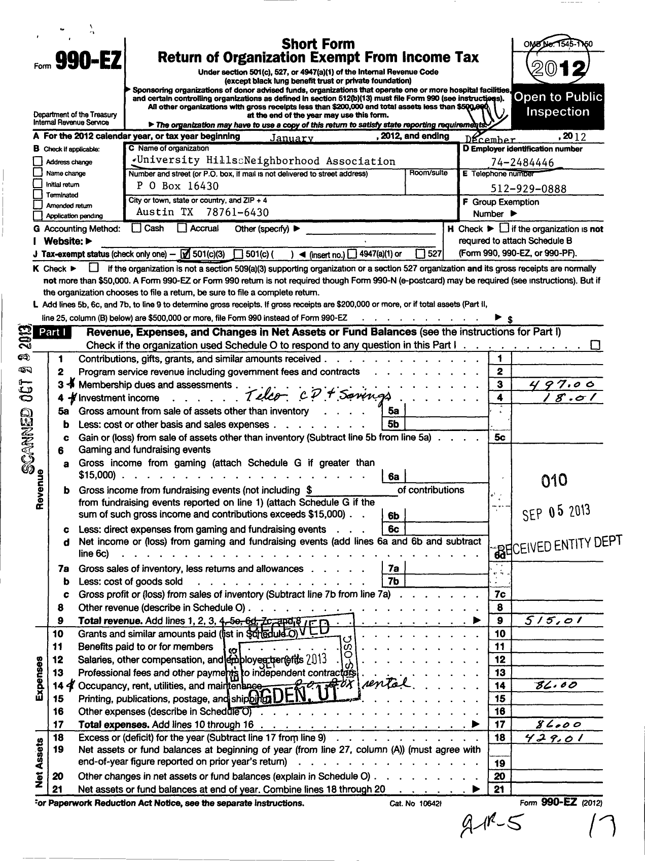 Image of first page of 2012 Form 990EZ for University Hills Neighborhood Association