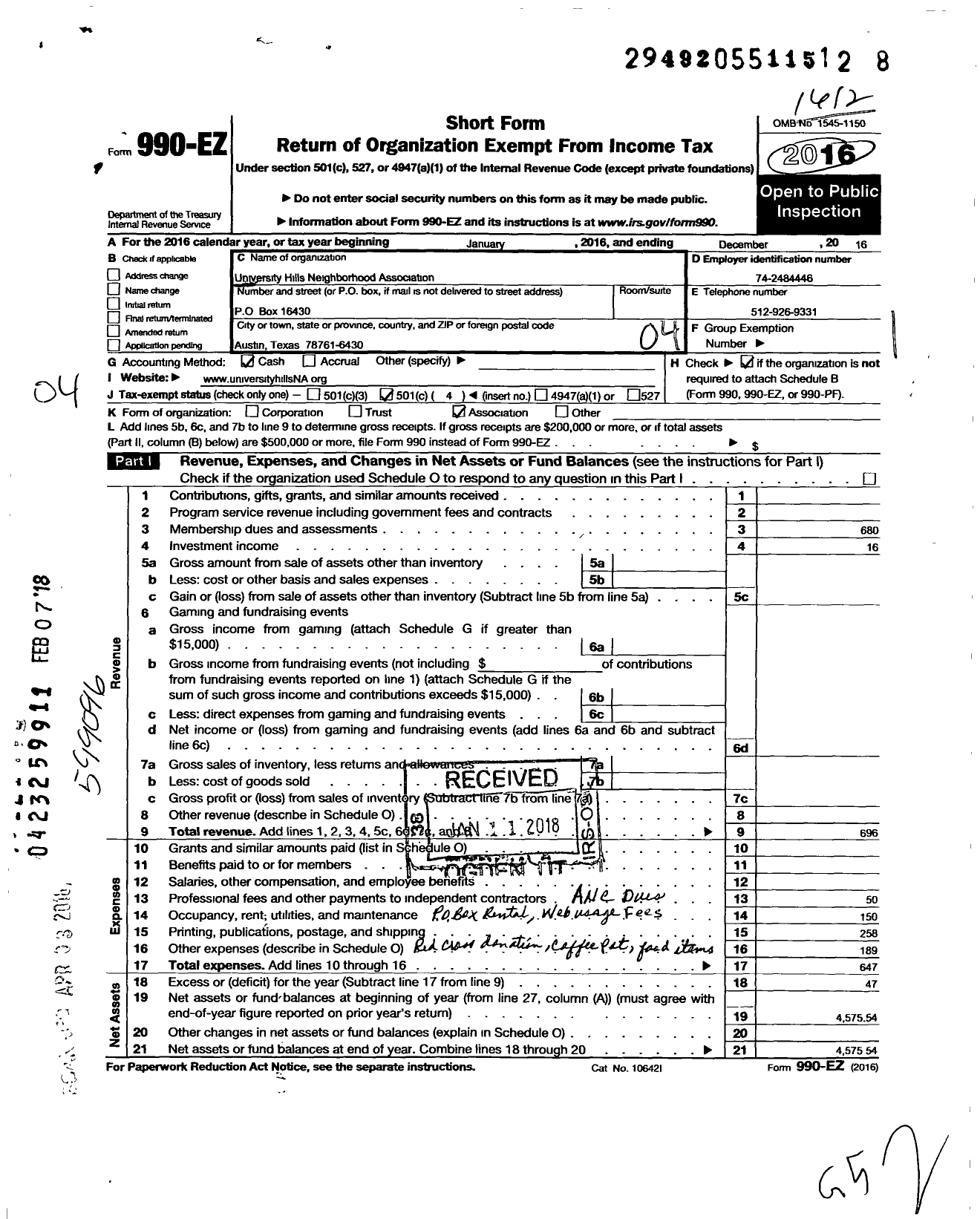 Image of first page of 2016 Form 990EO for University Hills Neighborhood Association