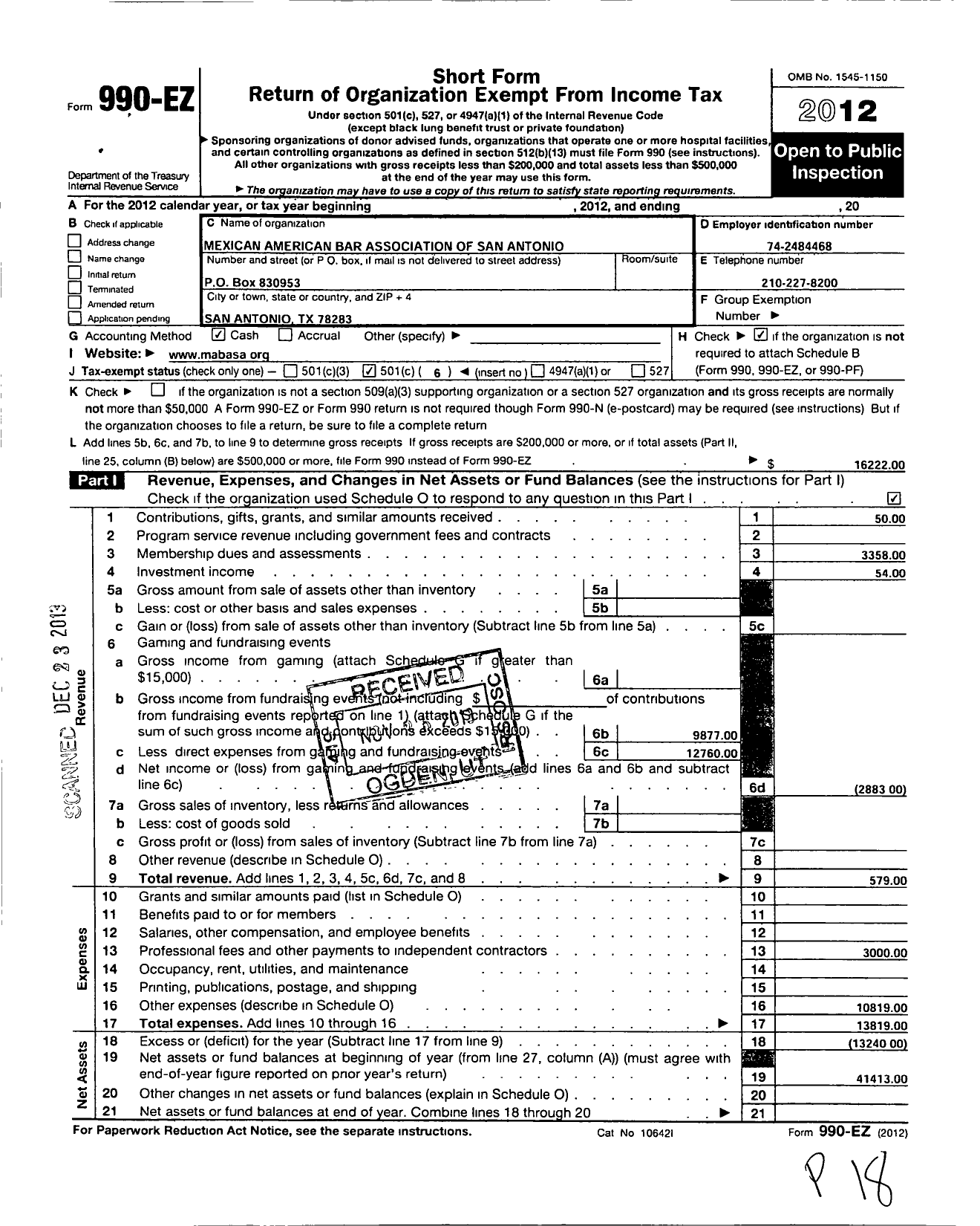 Image of first page of 2012 Form 990EO for Mexican American Bar Association of San Antonio