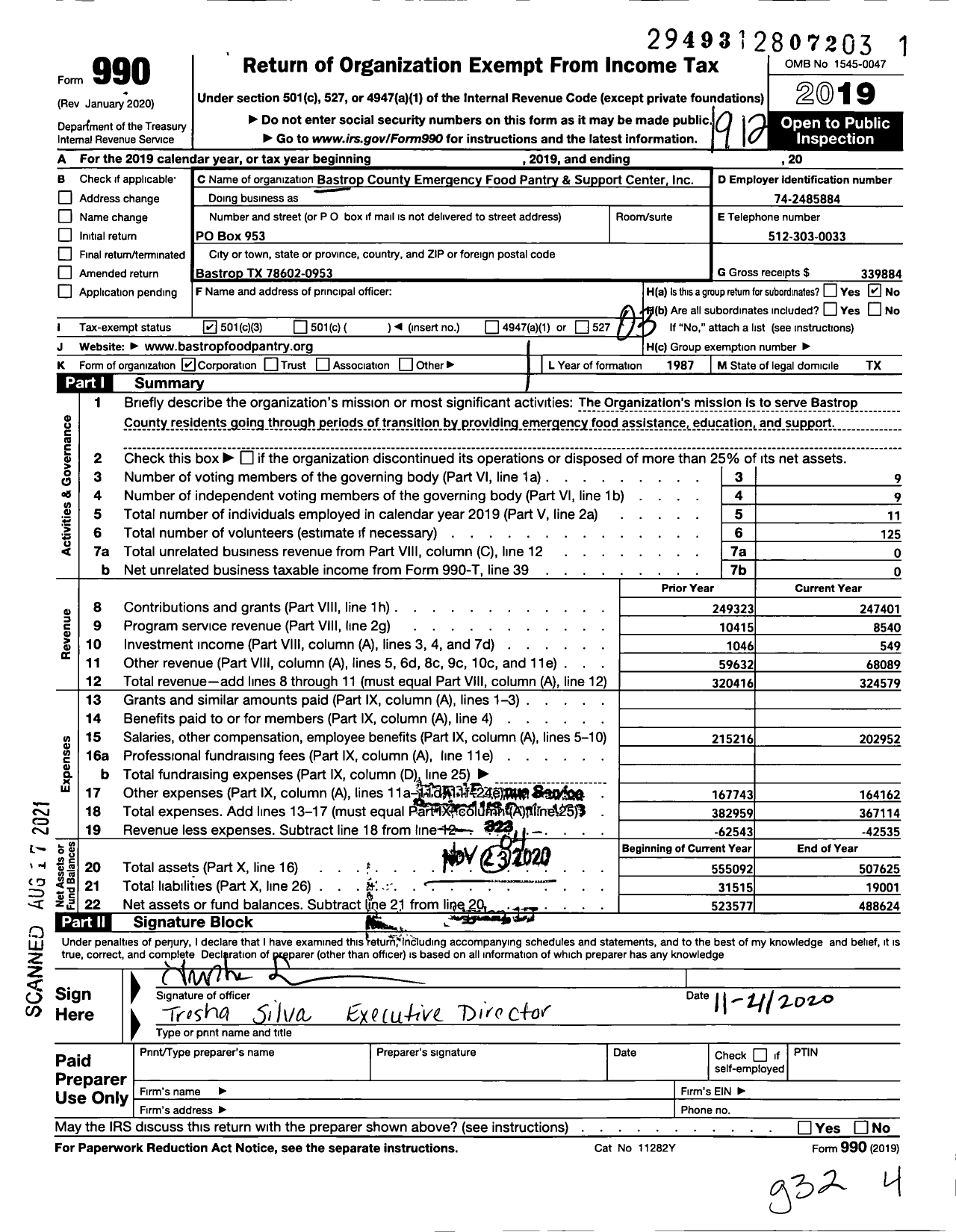 Image of first page of 2019 Form 990 for Bastrop County Emergency Food Pantry