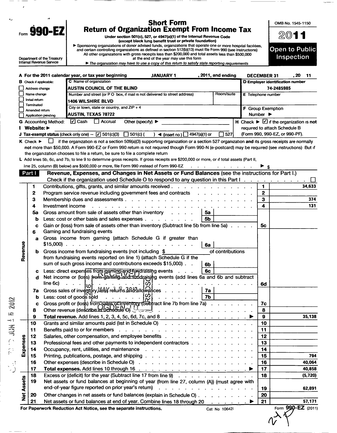 Image of first page of 2011 Form 990EZ for Austin Council of the Blind