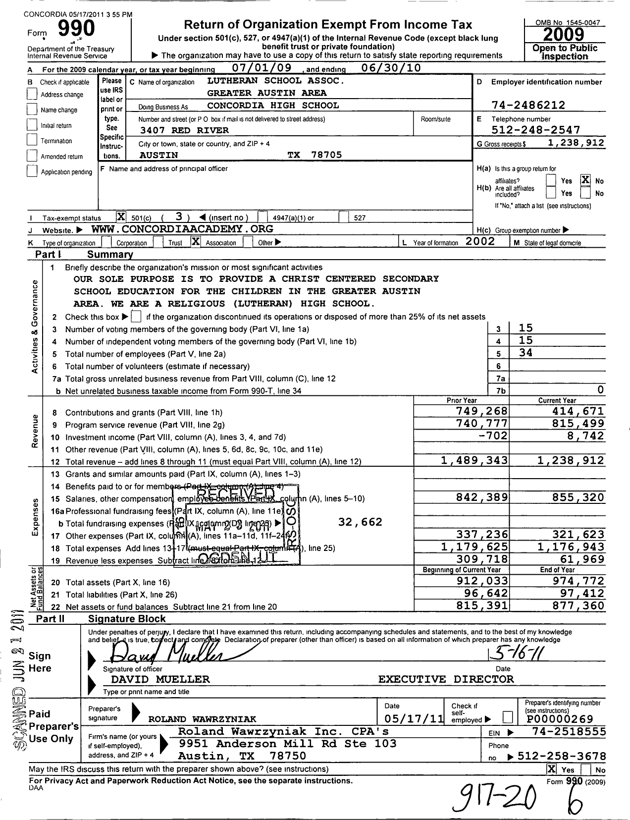Image of first page of 2009 Form 990 for Lutheran School Association Greater Austin Area