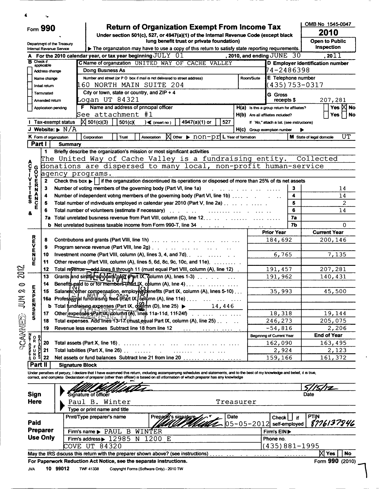 Image of first page of 2010 Form 990 for United Way of Cache Valley