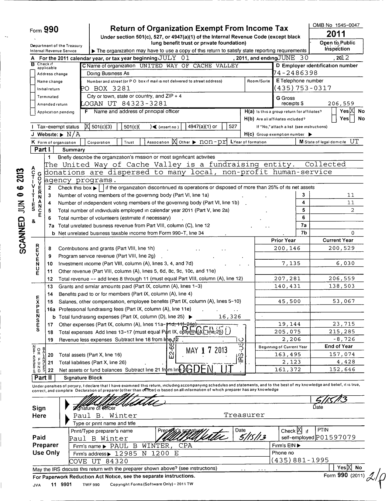 Image of first page of 2011 Form 990 for United Way of Cache Valley