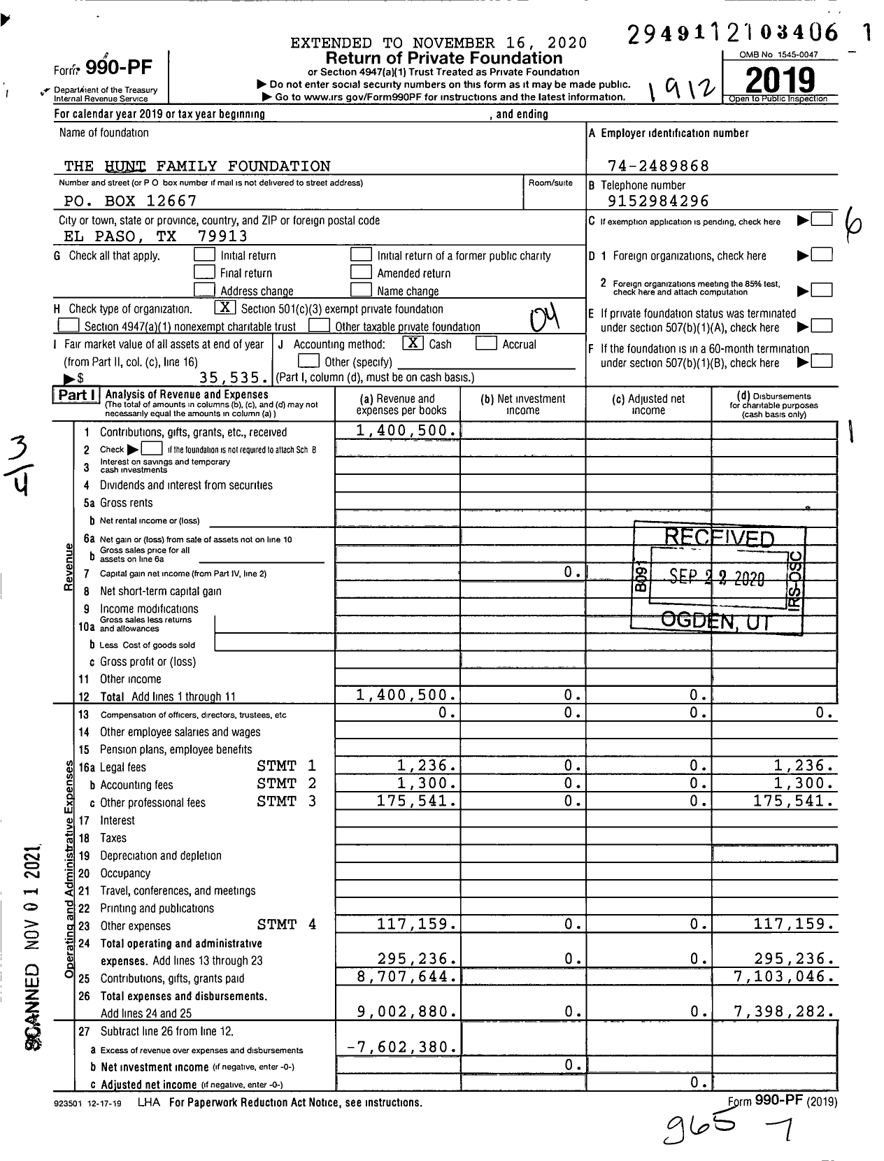 Image of first page of 2019 Form 990PF for The Hunt Family Foundation