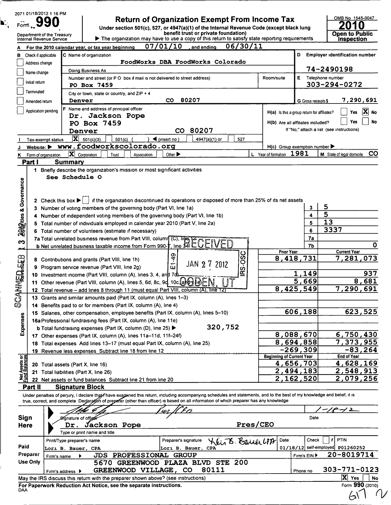 Image of first page of 2010 Form 990 for Foodworks Colorado