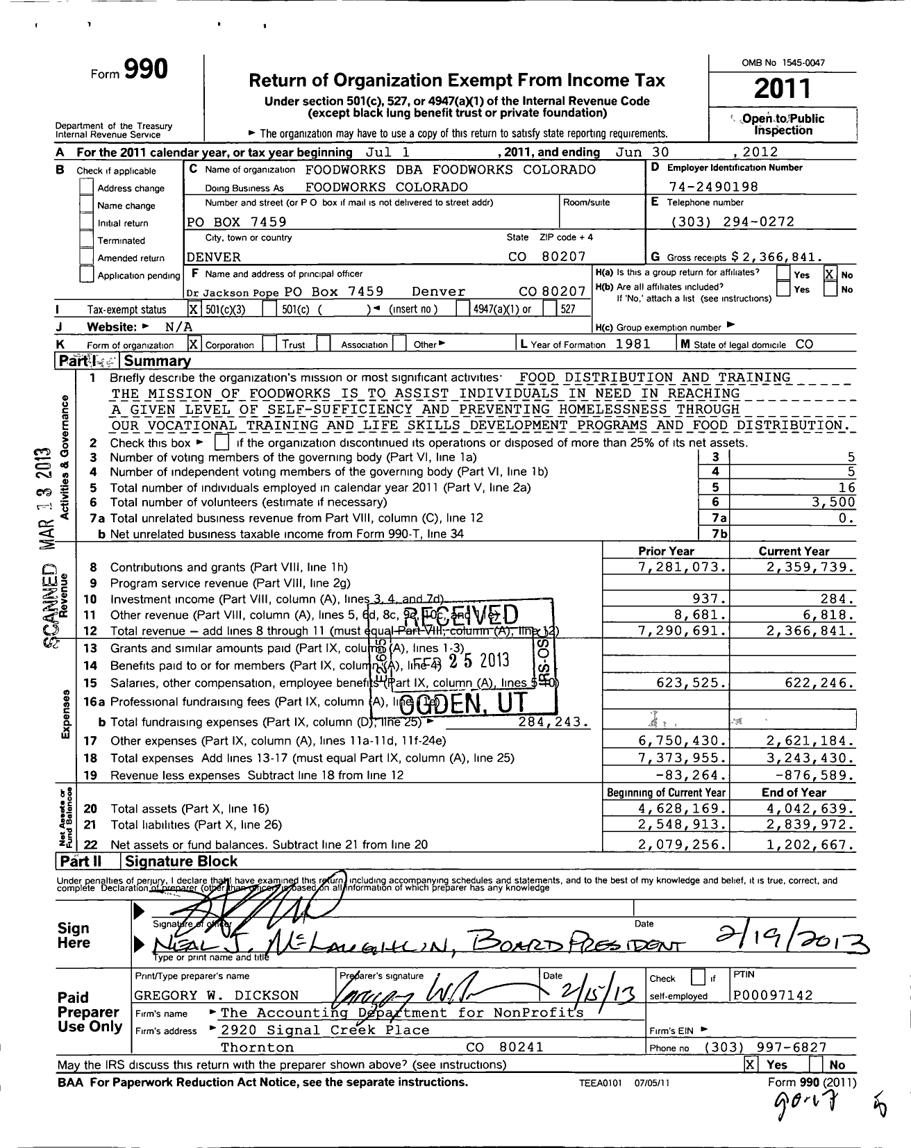 Image of first page of 2011 Form 990 for Foodworks Colorado