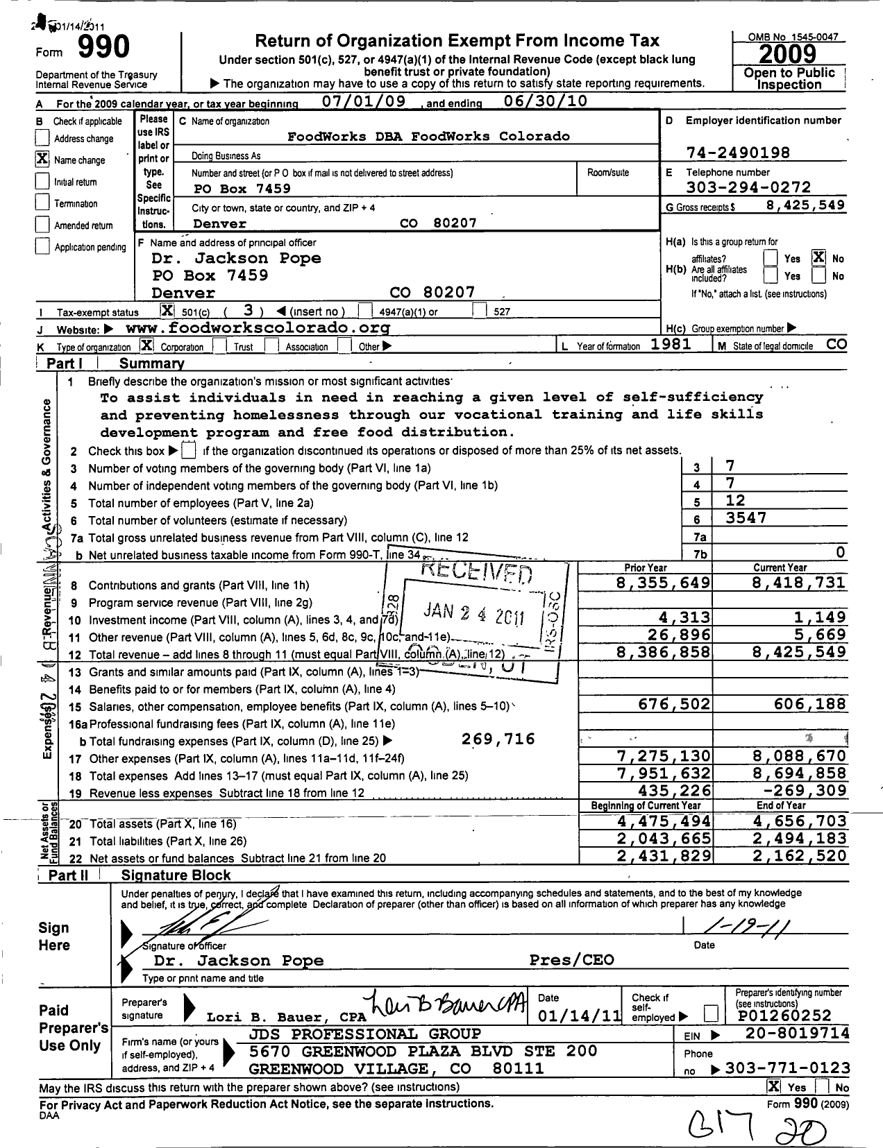 Image of first page of 2009 Form 990 for Foodworks Colorado