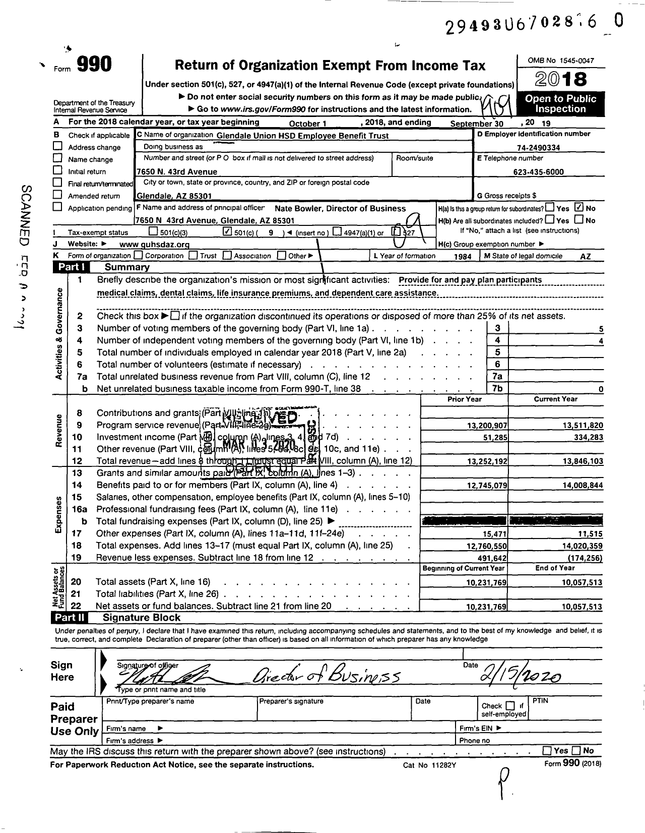 Image of first page of 2018 Form 990O for Glendale Union High School District