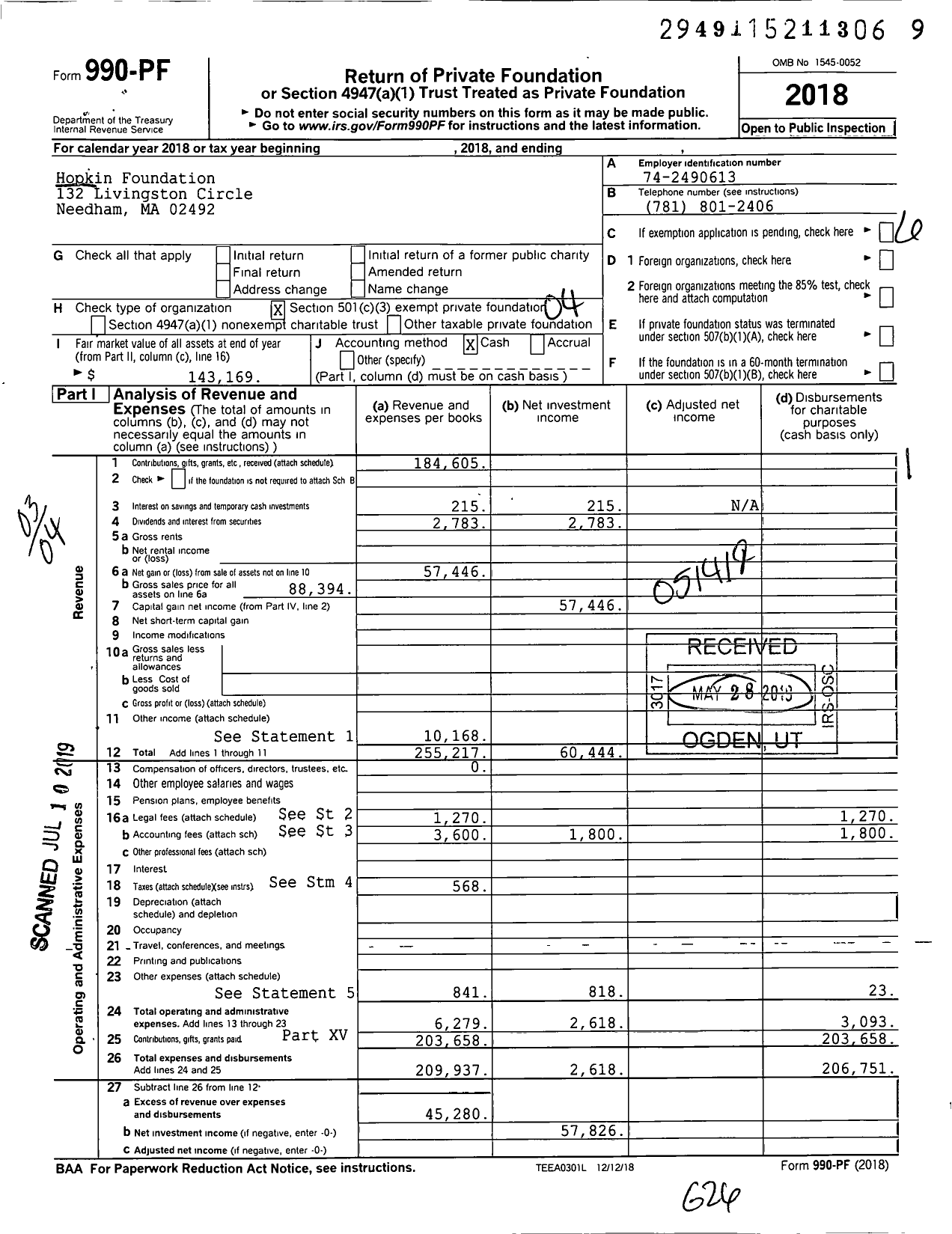 Image of first page of 2018 Form 990PF for Hopkin Foundation