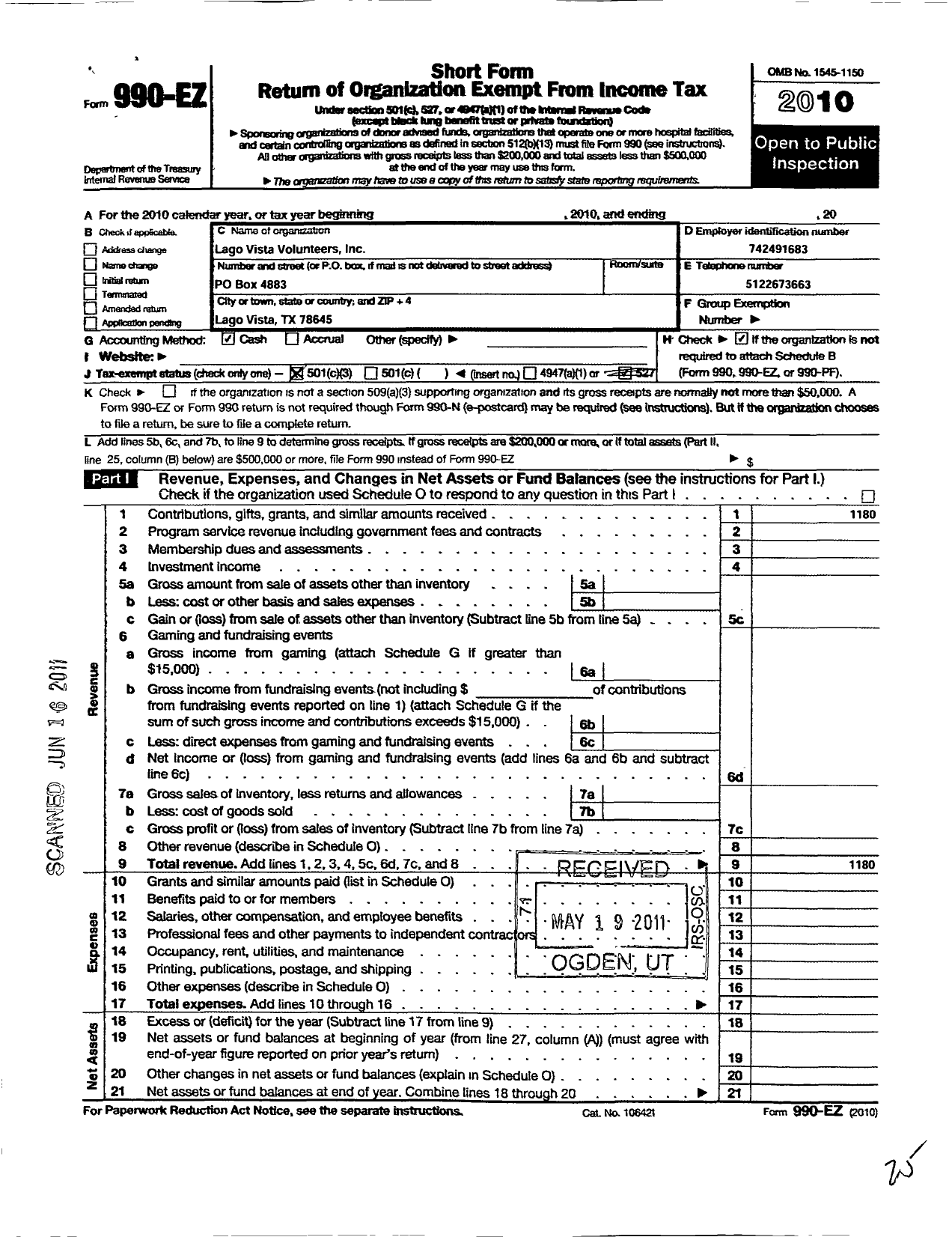 Image of first page of 2010 Form 990EZ for Lago Vista Volunteers