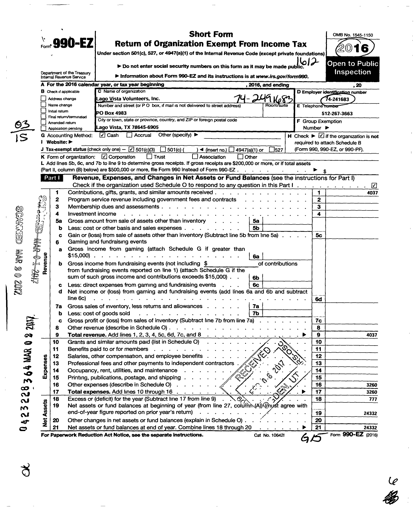 Image of first page of 2016 Form 990EZ for Lago Vista Volunteers