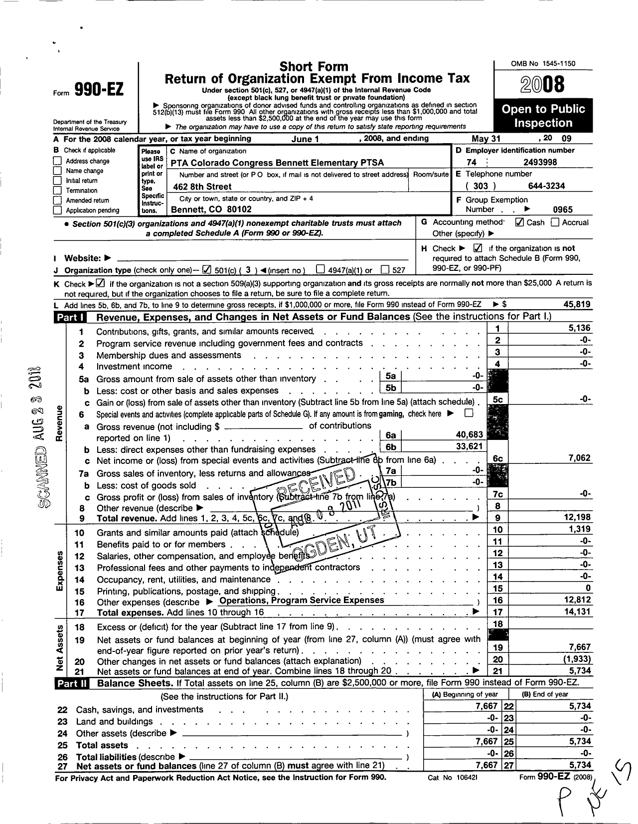 Image of first page of 2008 Form 990EZ for PTA Colorado Congress / Bennett PTA