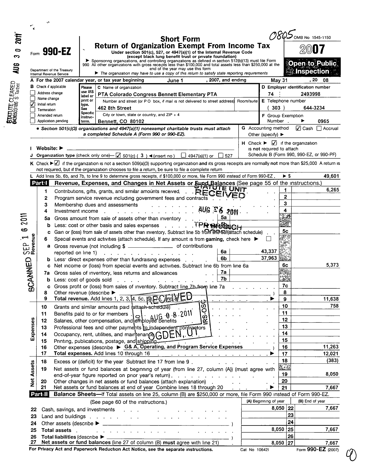 Image of first page of 2007 Form 990EZ for PTA Colorado Congress / Bennett PTA