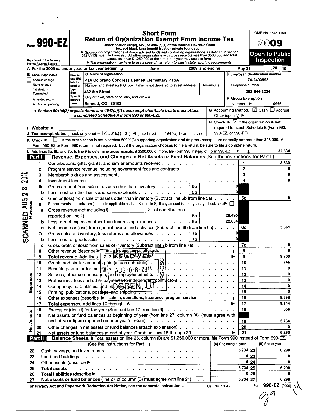 Image of first page of 2009 Form 990EZ for PTA Colorado Congress / Bennett PTA