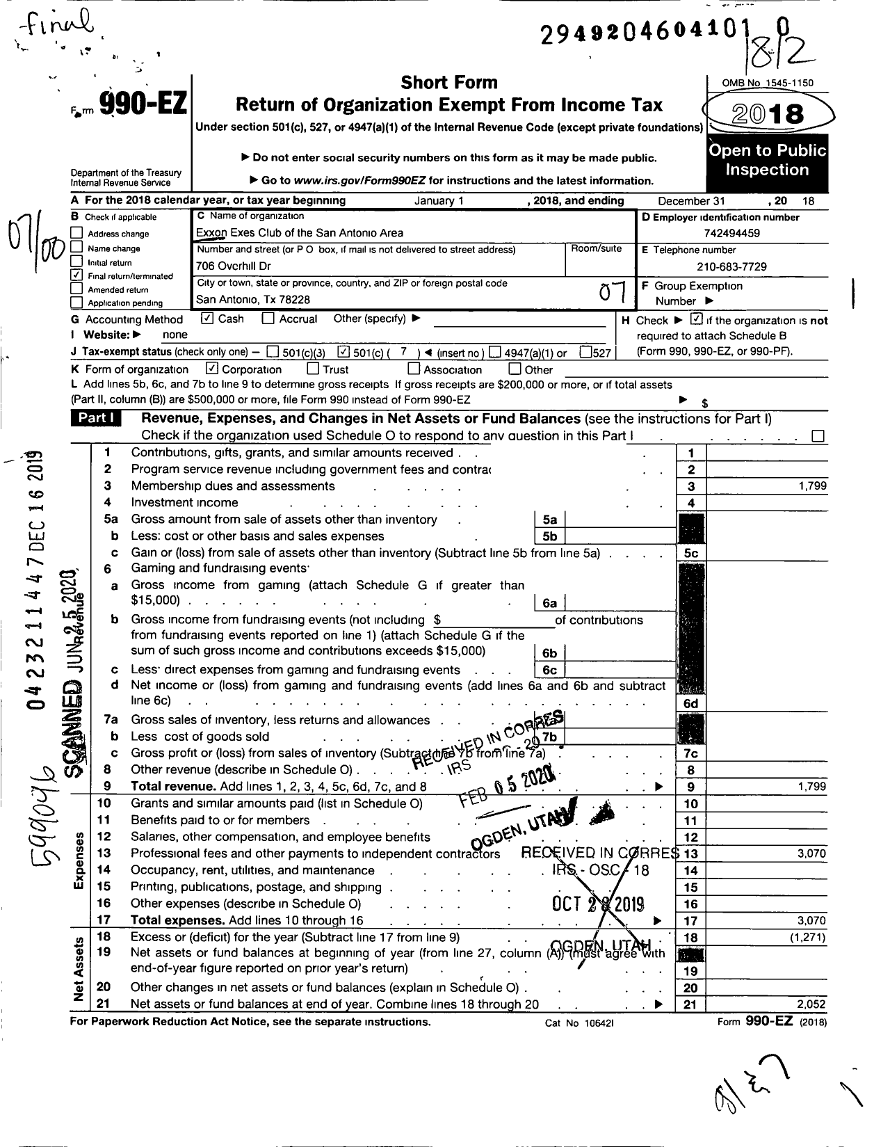 Image of first page of 2018 Form 990EO for Exxon Exes Club of the Son Antonio Area