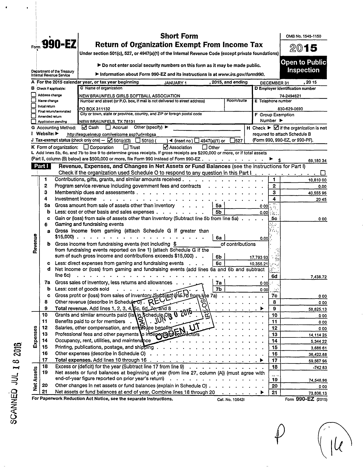 Image of first page of 2015 Form 990EZ for New Braunfels Girls Softball Association