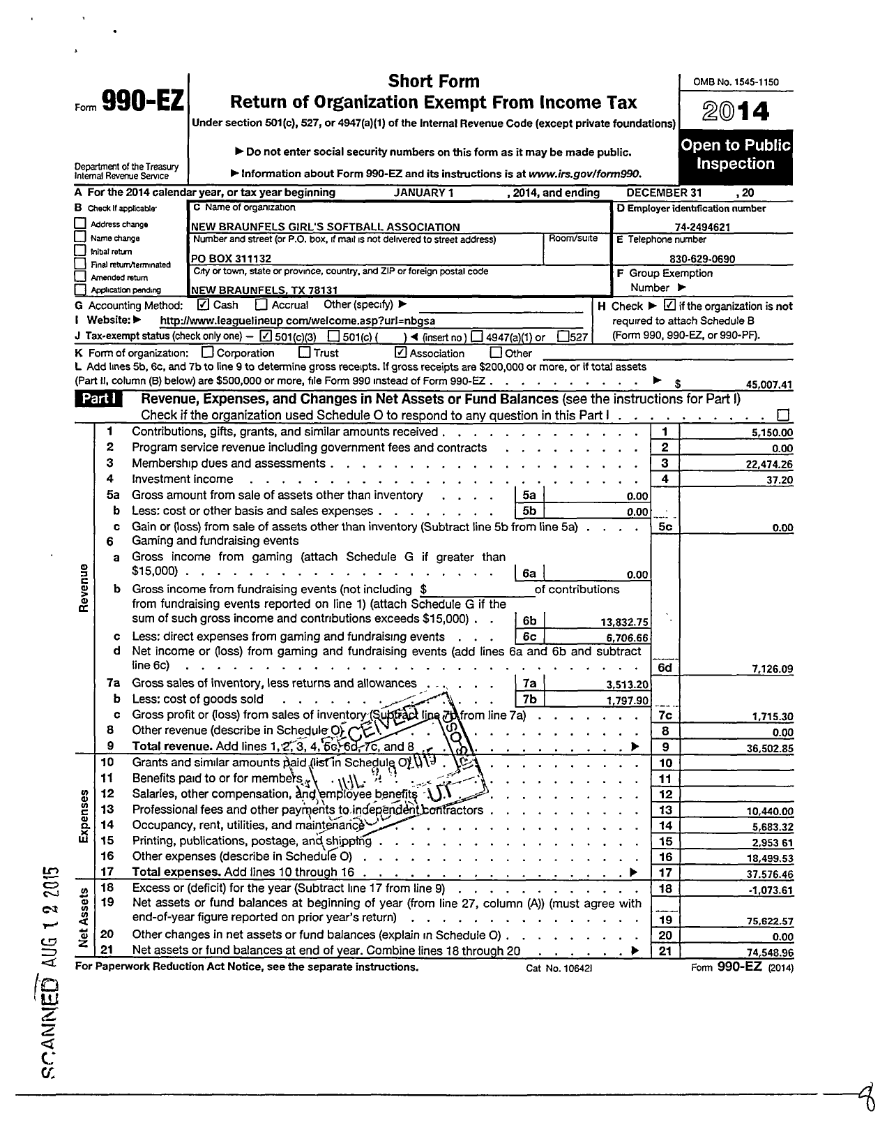 Image of first page of 2014 Form 990EZ for New Braunfels Girls Softball Association