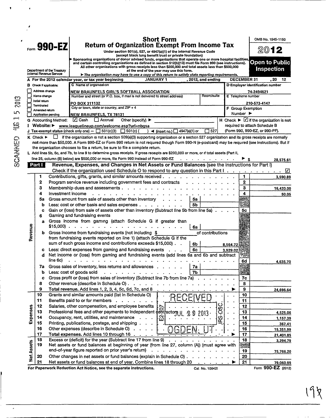 Image of first page of 2012 Form 990EO for New Braunfels Girls Softball Association