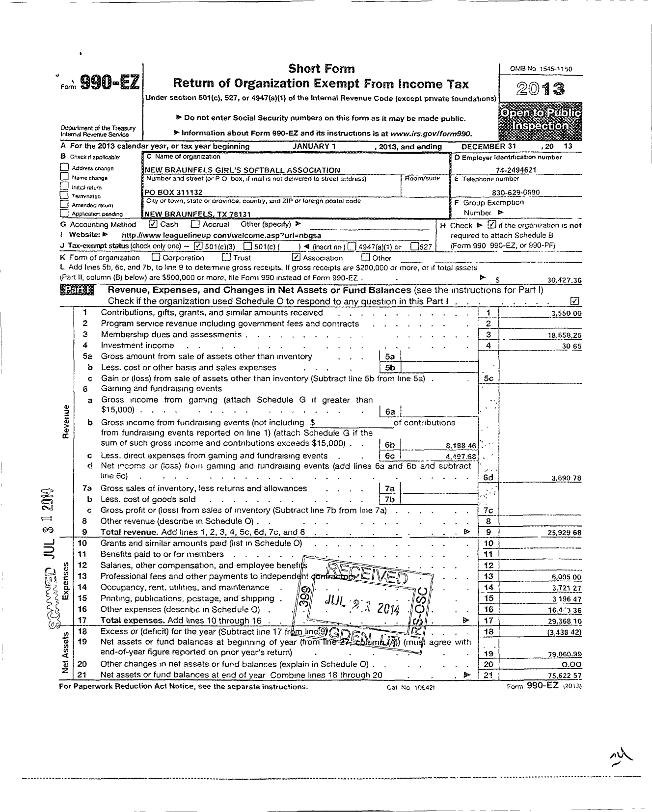 Image of first page of 2013 Form 990EZ for New Braunfels Girls Softball Association