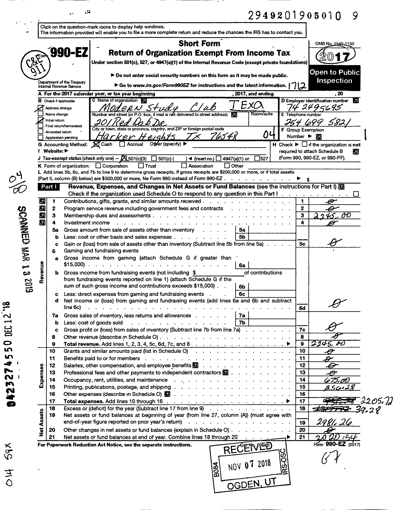 Image of first page of 2017 Form 990EO for Texas Federation of Womens Clubs / Modern Study Club