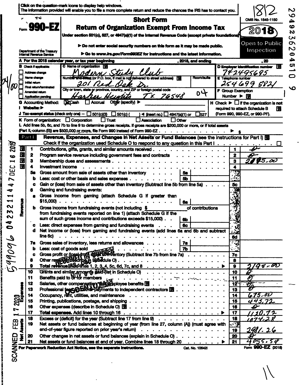 Image of first page of 2018 Form 990EO for Texas Federation of Womens Clubs / Modern Study Club